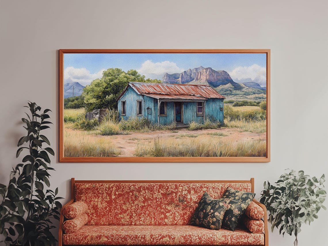 Abandoned Blue Cabin In Desert Mountain Landscape Painting Wall Art - Image 2