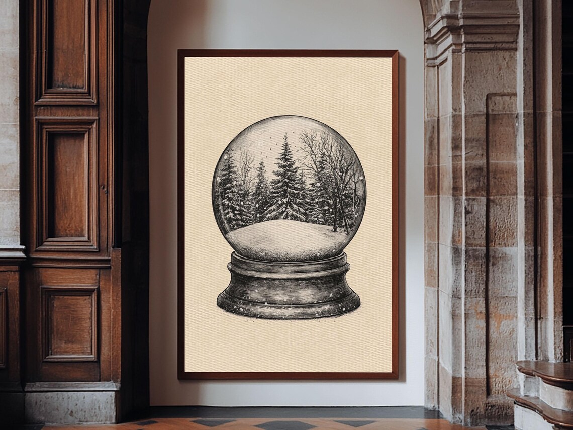 Snow Globe With Winter Pine Forest Sketch Minimalist Christmas Poster - Image 2