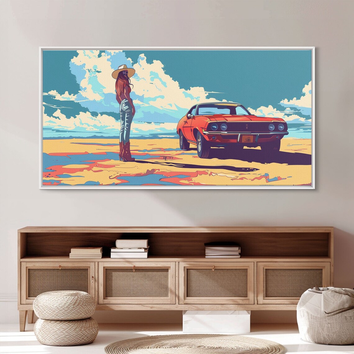 Vibrant Pop Art Cowgirl With Red Classic Car Under Desert Sky Poster - Image 3