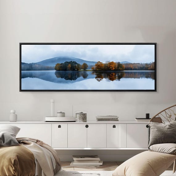 Calm Reflections In The Lake On An Overcast Day Panoramic Print Original Painting Print Landscape Oversized Painting Art
