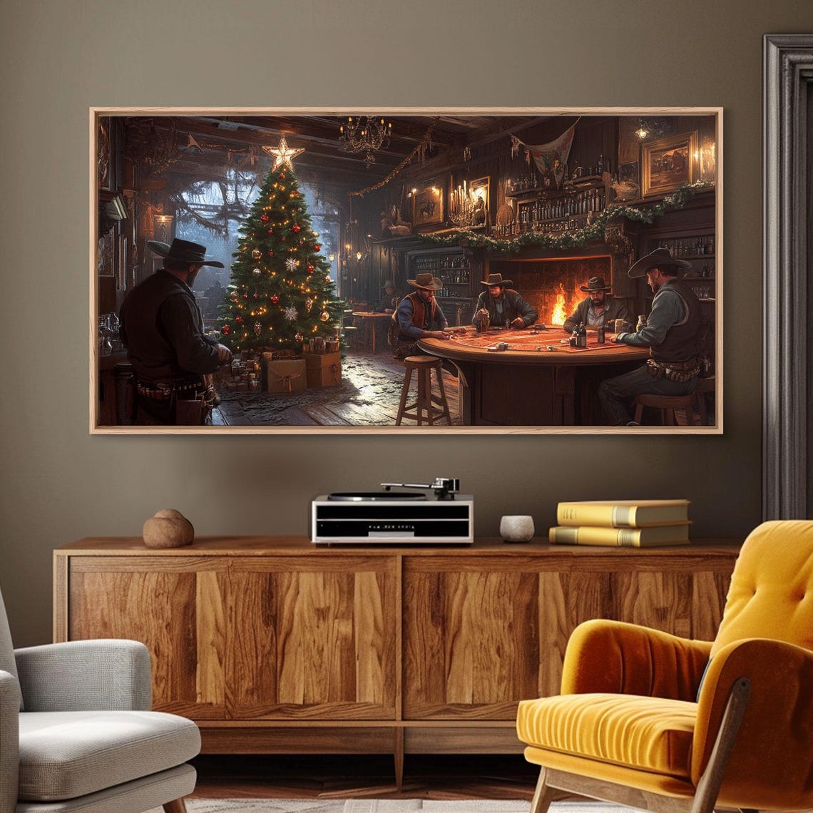 Western Saloon Christmas Cowboys Tree Fireplace Rustic Holiday Poster - Image 6