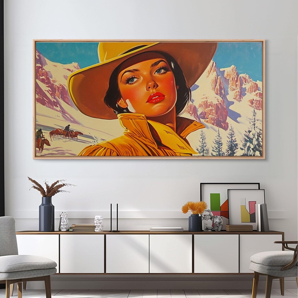 Retro Cowgirl Portrait With Snowy Mountain Riders Behind Art Print