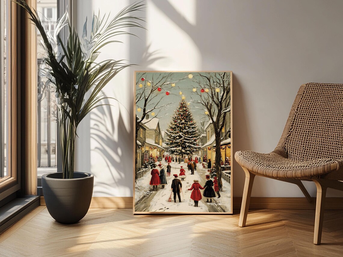 Christmas Tree Town Square Vintage Snowy Village Holiday Art Poster