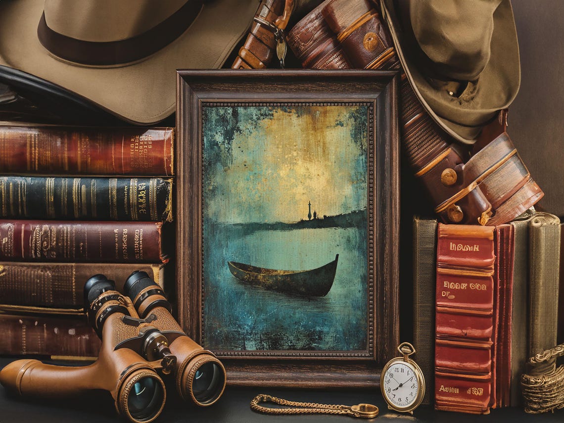 Lone Canoe Moored Teal Water Gold Sky Abstract Nautical Art Poster - Image 6