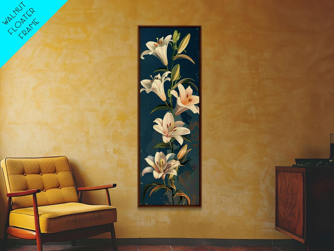 White Lilies On Green Stems Against Deep Teal Ukiyo E Style Art Poster - Image 3