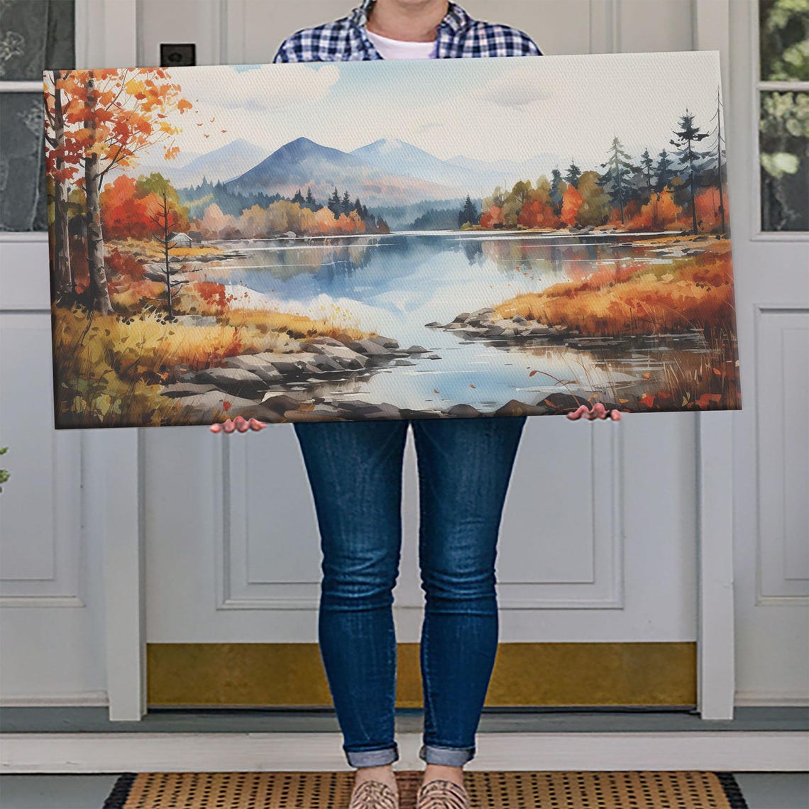 Autumn Lake Mountains Fall Colors Watercolor Landscape Wall Art - Image 4