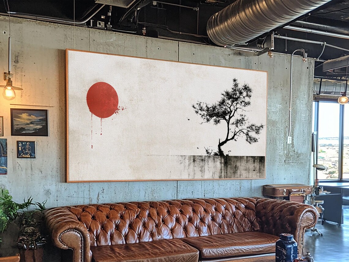 Japanese Red Sun Pine Tree Minimalist Ink Painting Zen Wall Art Poster - Image 3