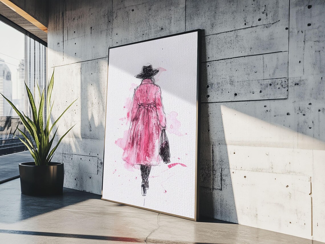 Woman In Pink Coat Fashion Illustration Minimalist Wall Art Print Poster - Image 4