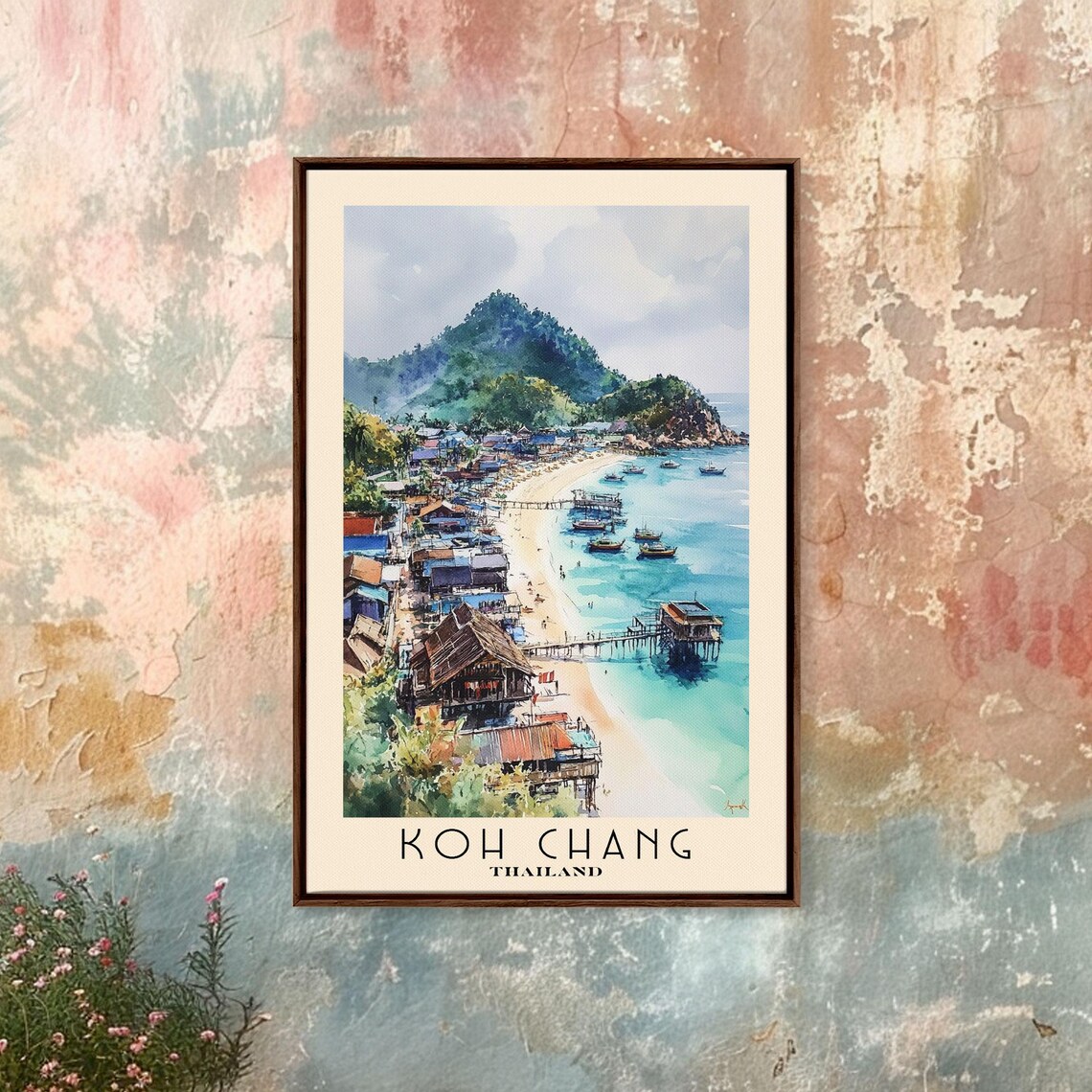 Koh Chang Thailand Fishing Village Pier Boats Mountain Watercolor Poster - Image 4