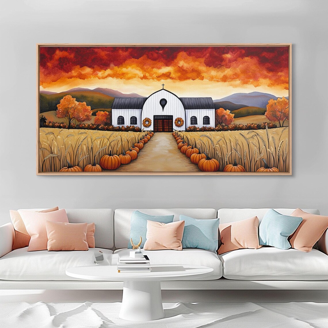 White Barn With Pumpkin Lined Path Wheat Fields Fiery Sunset Fall Wall Poster - Image 6