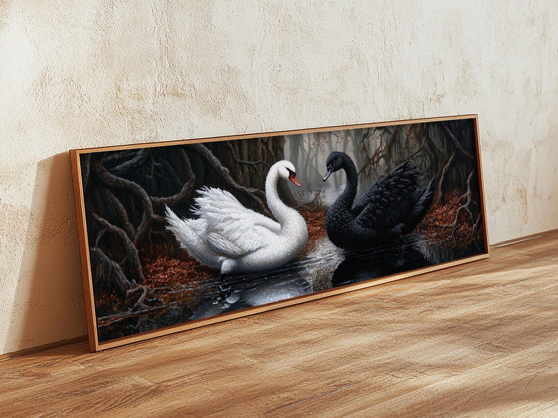 Black White Swans Heart Dark Water Gothic Romance Panoramic Wall Poster - Image 3