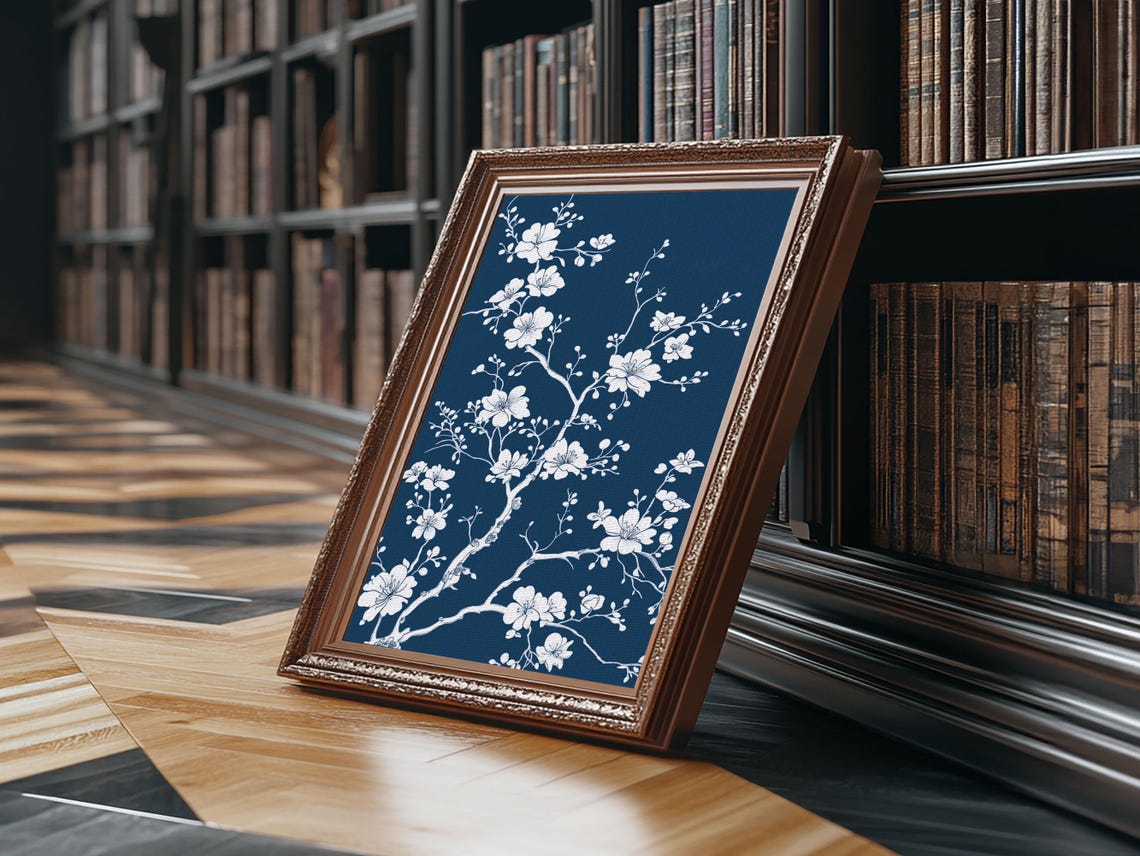 White Cherry Blossoms Navy Blue Chinoiserie Botanical Wall Art Poster - Image 3