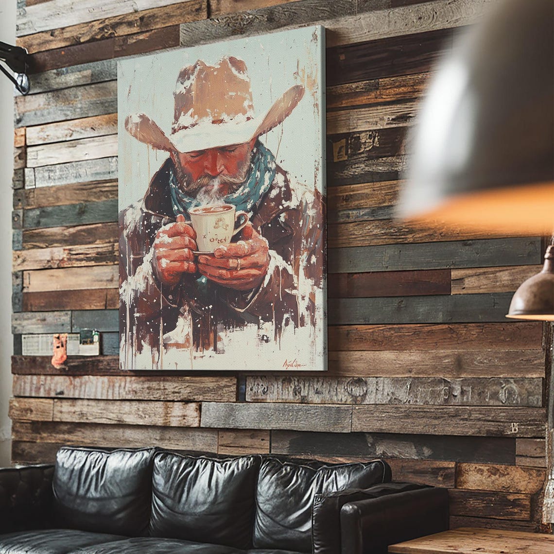 Cowboy Warming Hands On Steaming Mug Snowy Painterly Portrait Poster