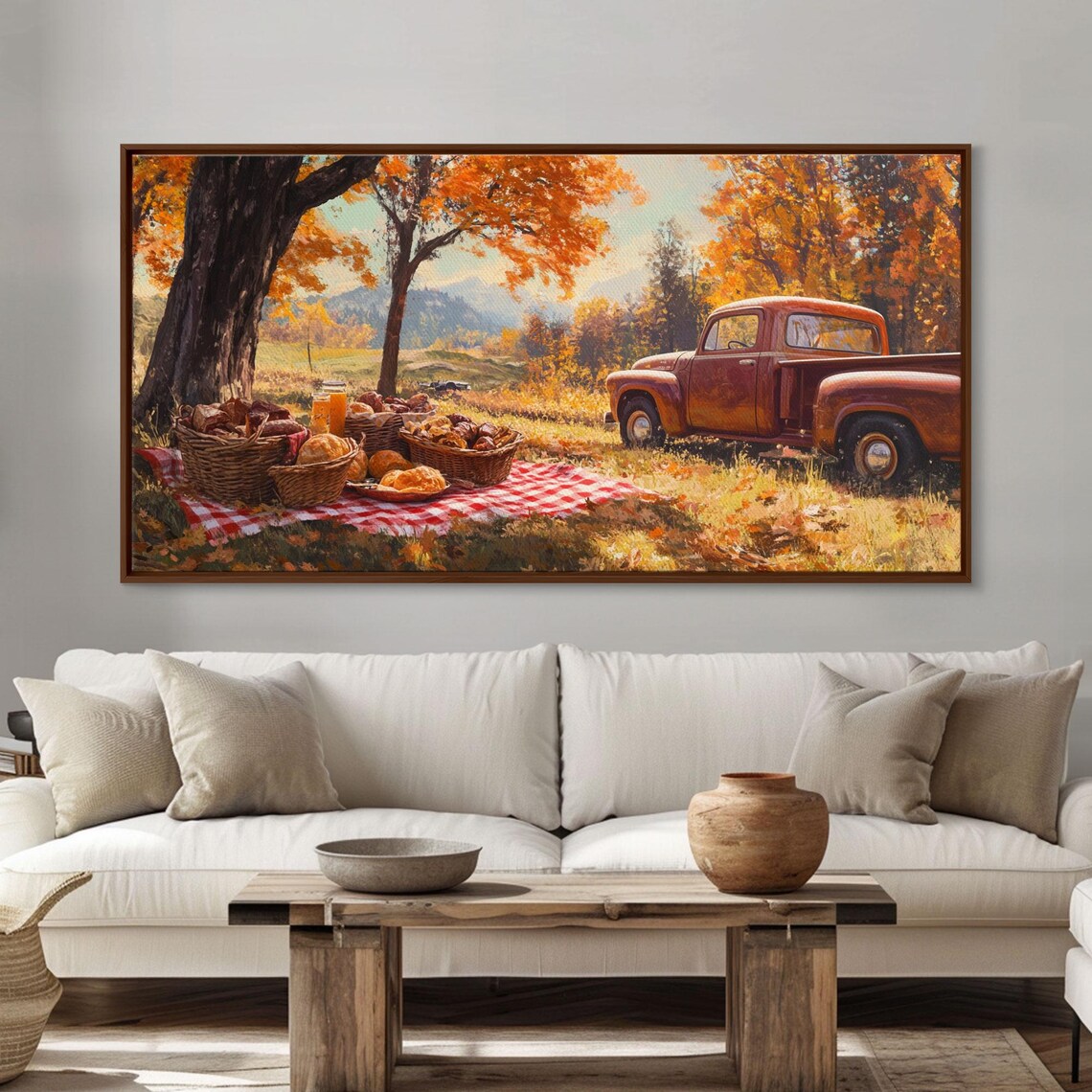 Fall Harvest Picnic With A Vintage Red Pickup Truck Art Print - Image 2