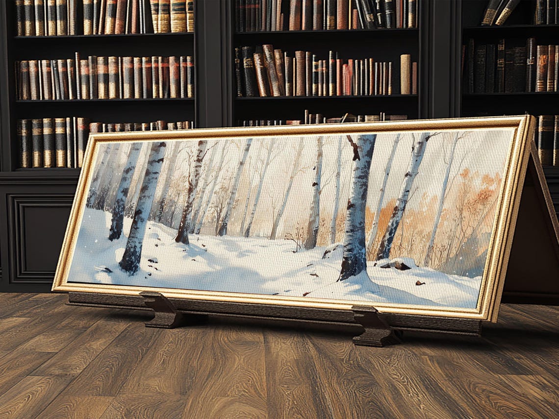 Snowy Birch Forest Winter Golden Light Panoramic Landscape Poster