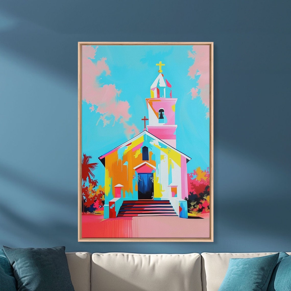 Colorful Pastel Church Painting With Blue Sky And Pink Clouds Poster - Image 5