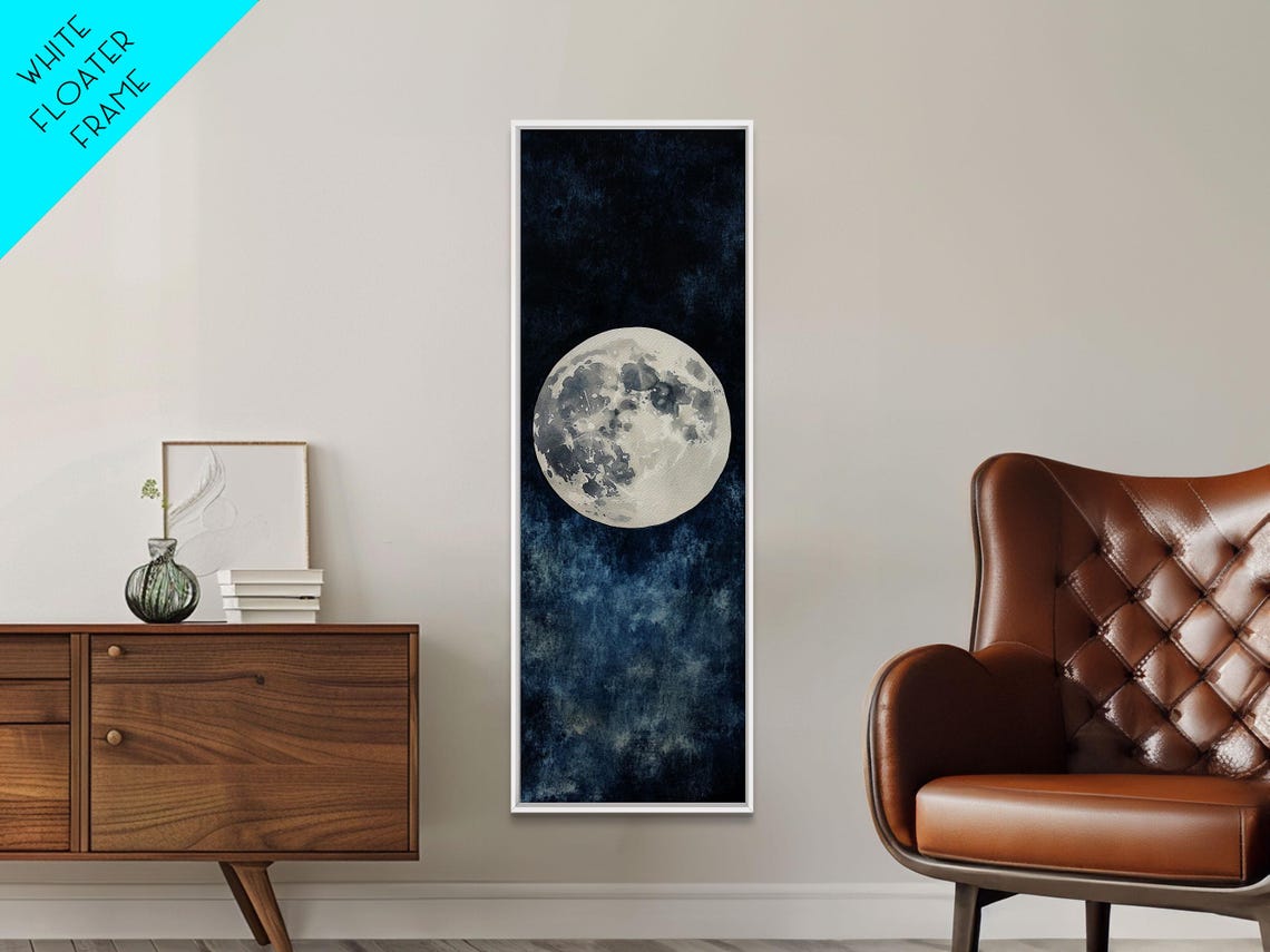 Full Moon Night Sky Glow Dark Blue Celestial Watercolor Wall Art