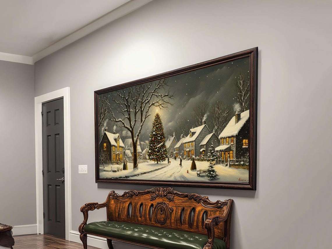 Snowy Christmas Village Night Lit Tree Falling Snow Painting Print - Image 4