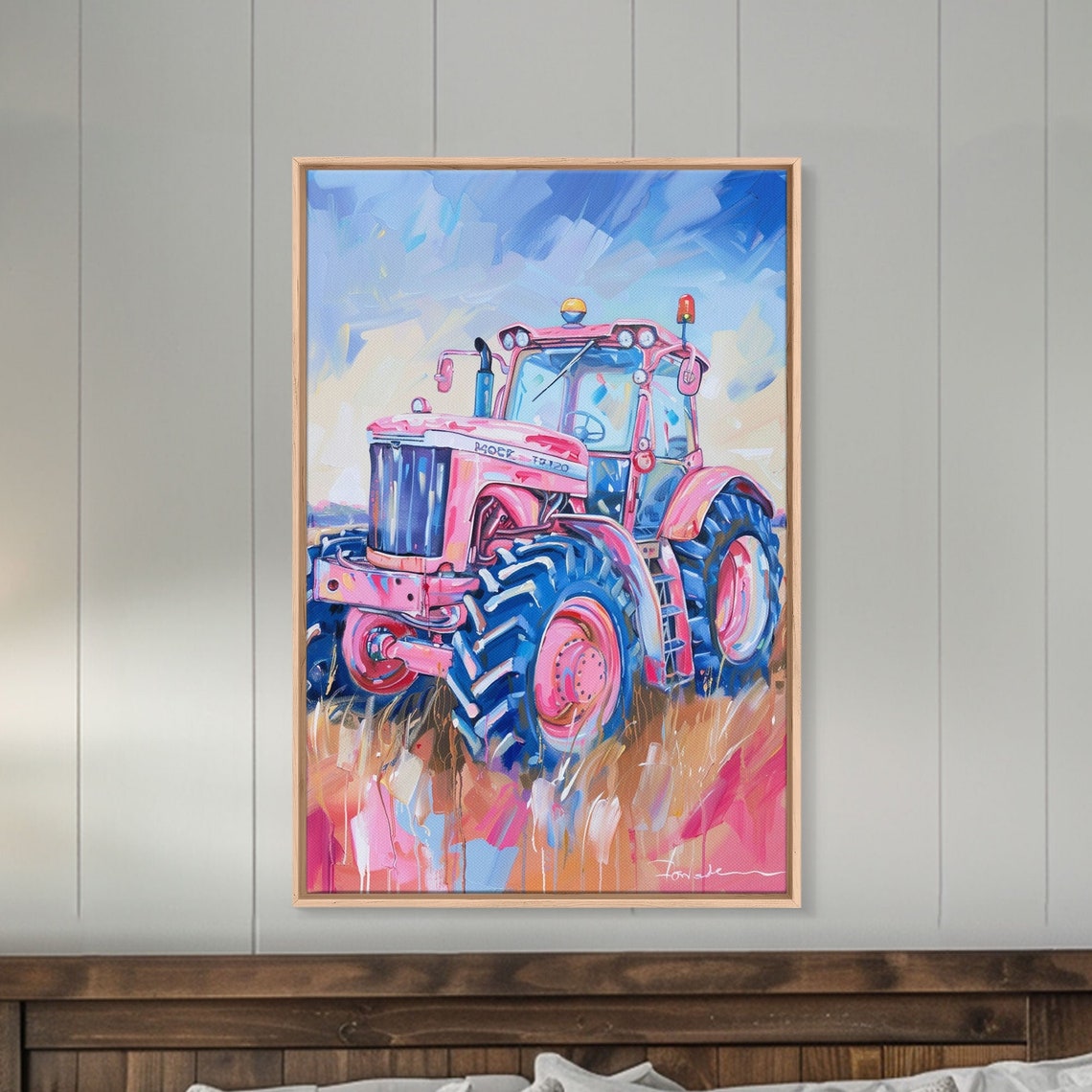 Pink Tractor In Field Under Blue Sky Colorful Farm Pop Art Poster - Image 3