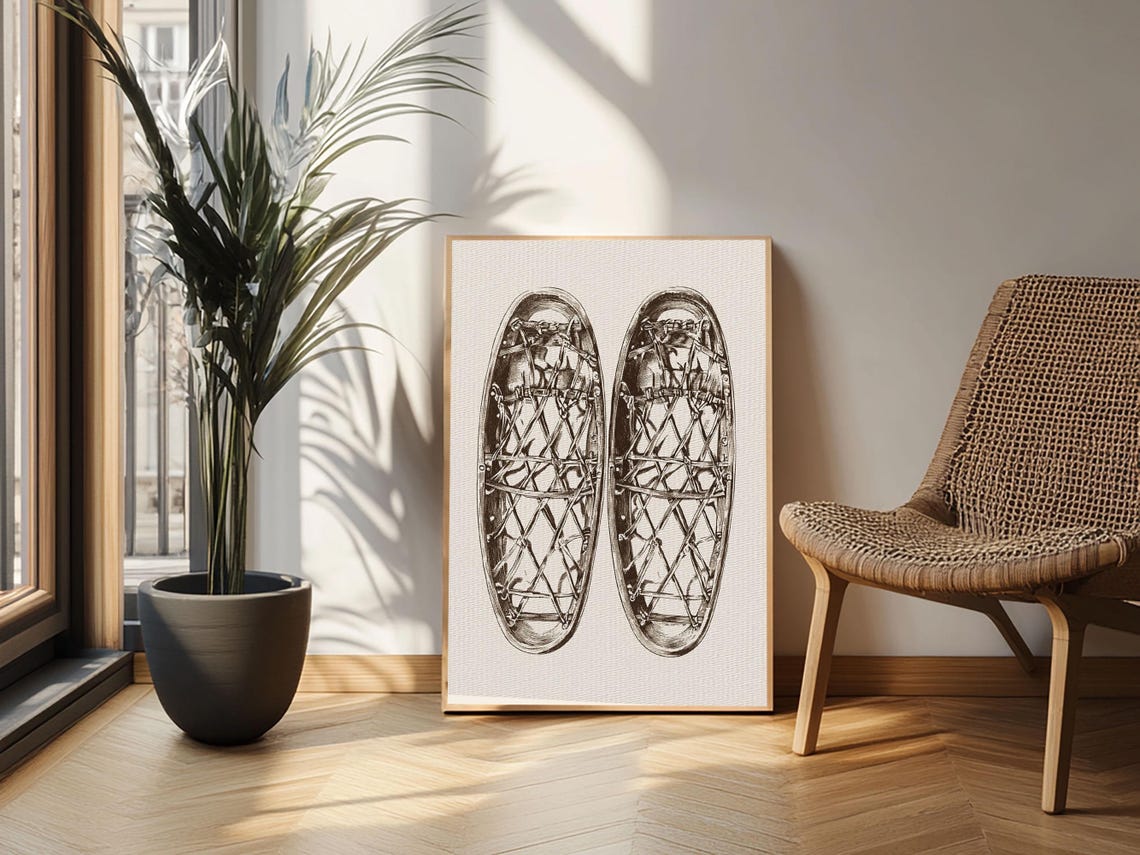 Vintage Wooden Snowshoes Sketch Rustic Winter Cabin Wall Poster