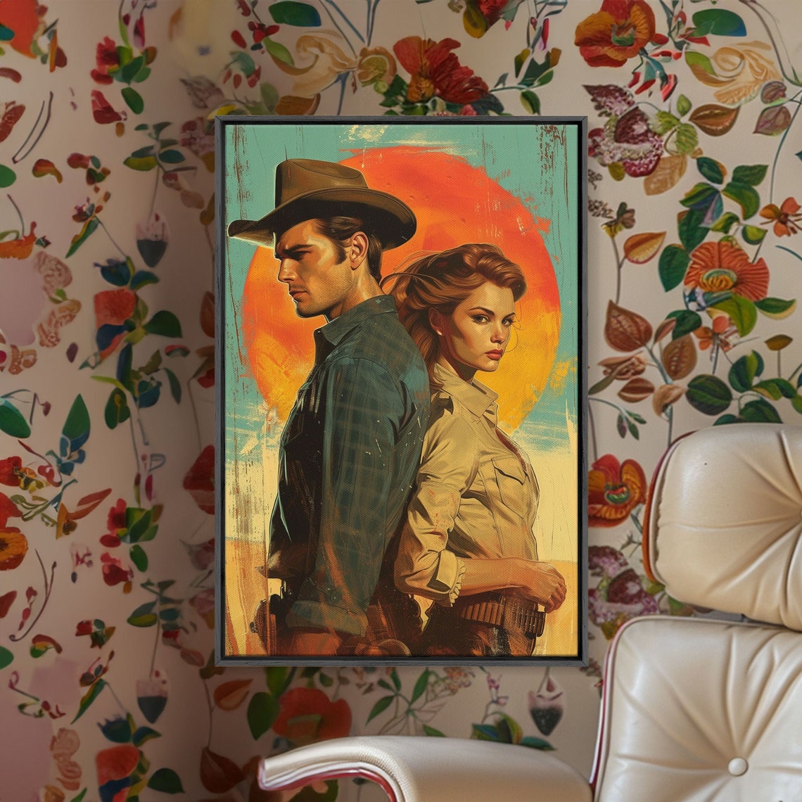 Cowboy Cowgirl Romance Back To Back Western Sunset Pulp Wall Art - Image 5