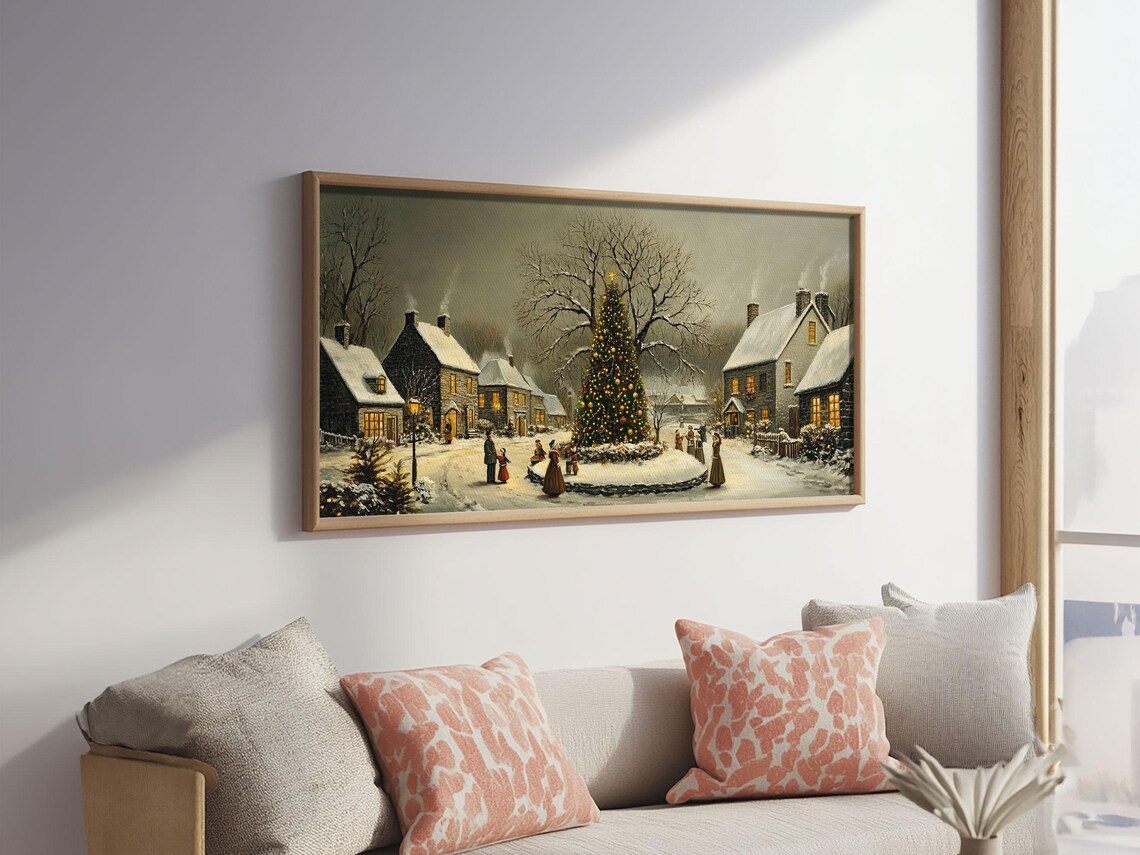 Cozy Christmas Village Square Snowy Night Lit Tree Oil Painting Print