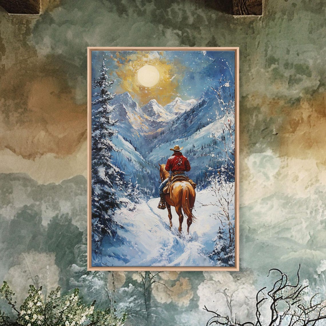 Cowboy Riding Under Golden Moon Snowy Mountain Peaks Night Poster - Image 5
