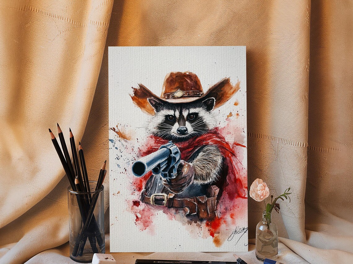 Cowboy Raccoon With Revolver Watercolor Wild West Animal Poster - Image 4