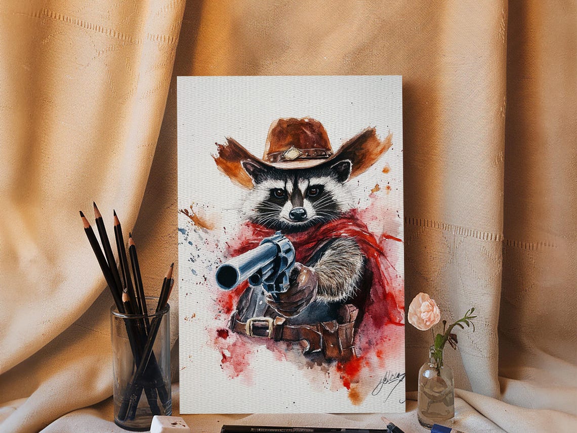 Wild West Racoon Cowboy Watercolor Painting Print Rustic Home Decor Framed Ready To Hang Nuevart - Image 4
