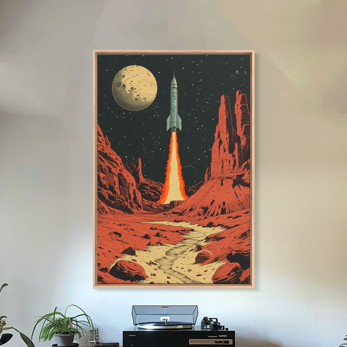 Retro Rocket Launch Mars Canyon Vintage Sci-Fi Space Travel Poster
