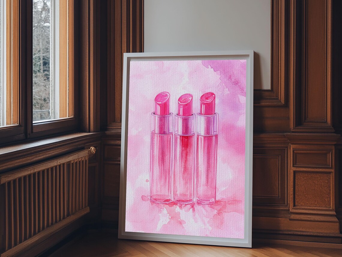 Pink Lipstick Trio Watercolor Glam Beauty Makeup Feminine Wall Art - Image 5