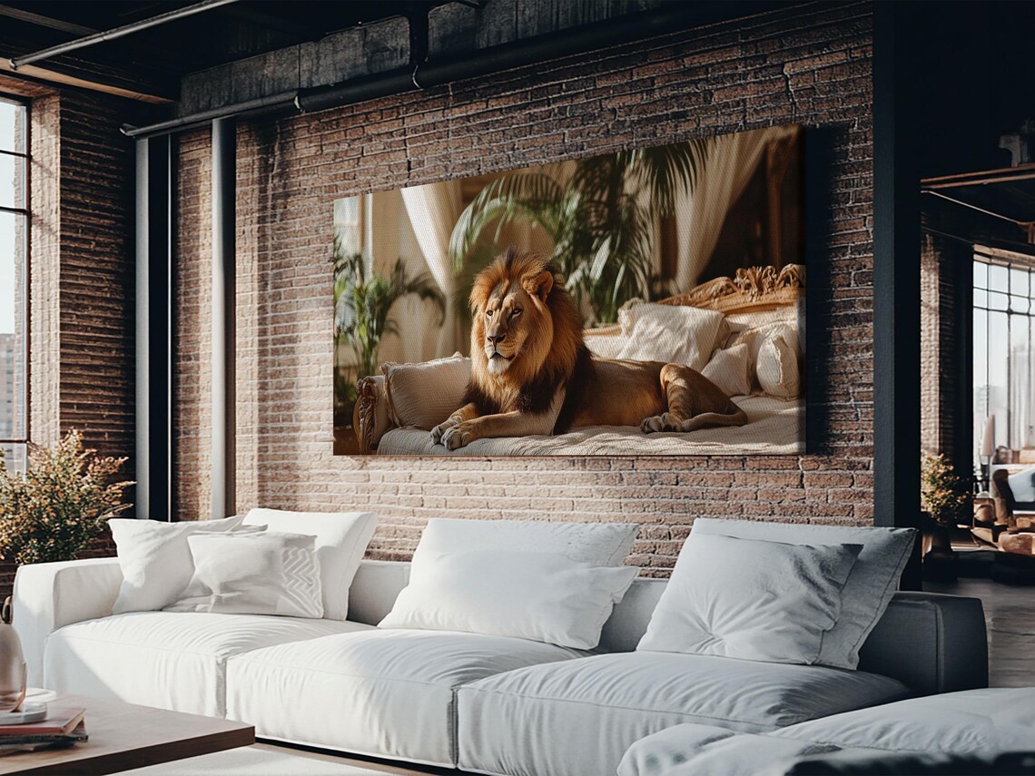 Majestic Lion Lounging Vintage Sofa Sunlit Conservatory Wildlife Art Poster - Image 2
