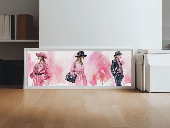 Fashion Illustration Women Pink Dresses Hats Chic Watercolor Statement Wall Poster