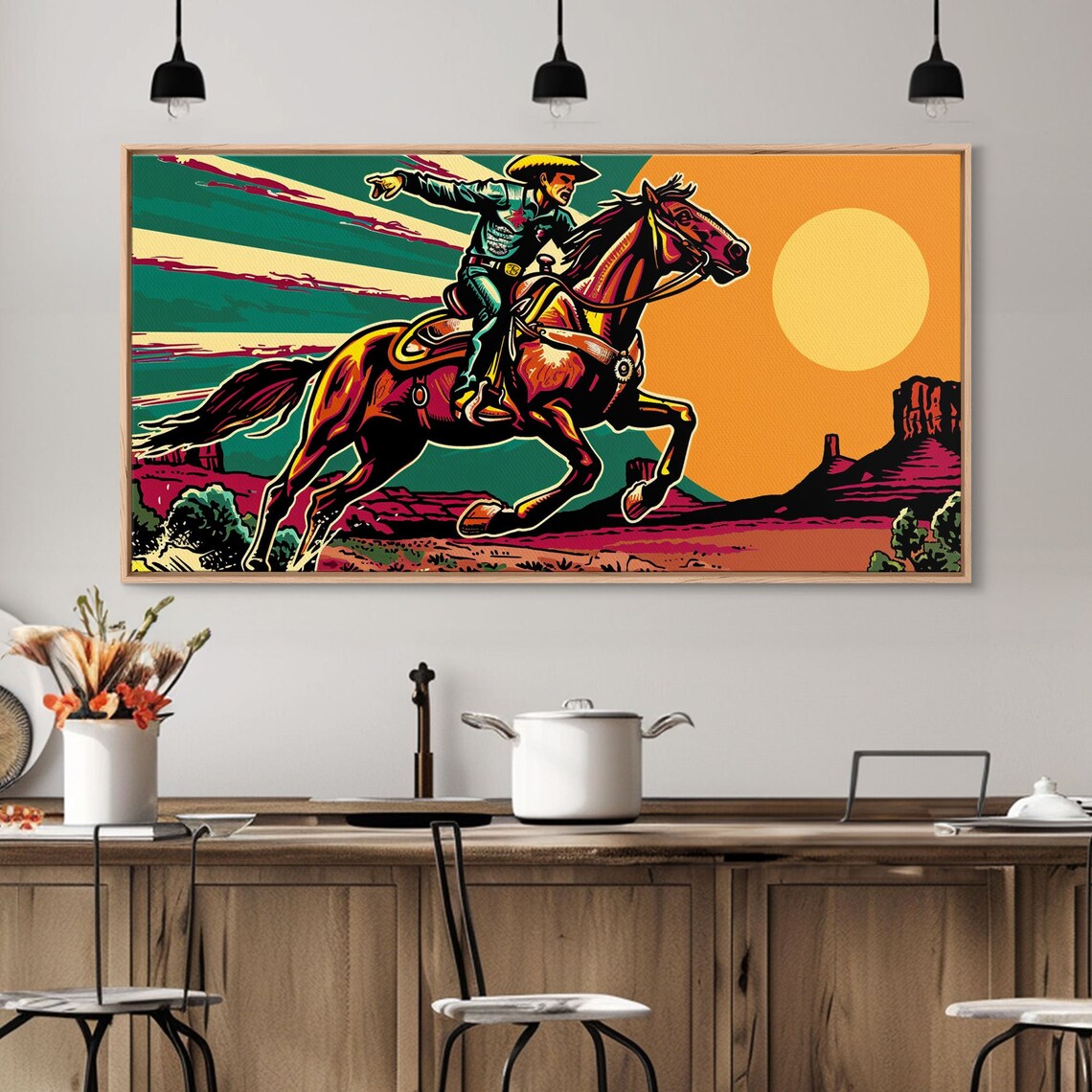 Vintage Cowboy Riding Horse Western Sunset Art Print - Image 4