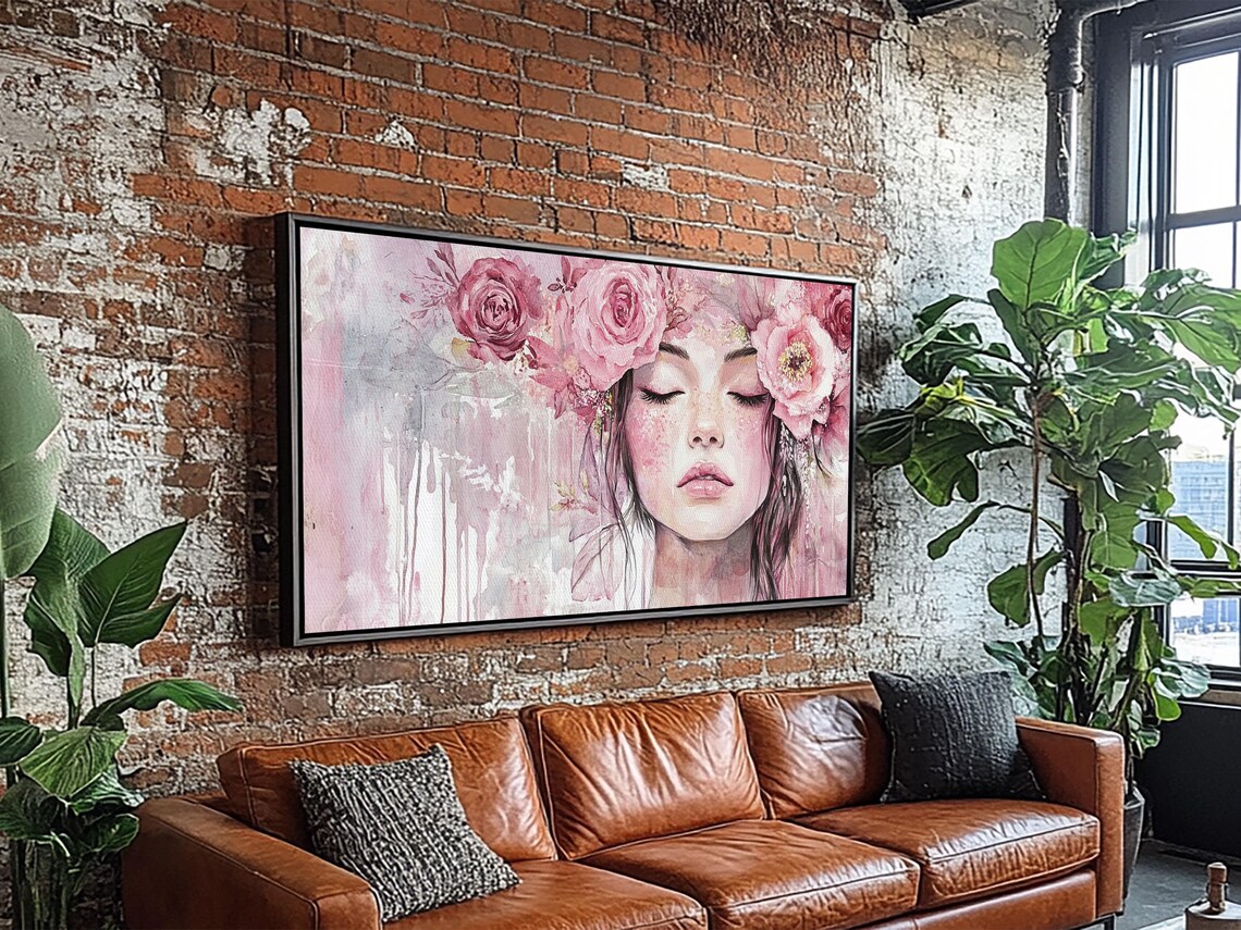 Feminine Goddess Portrait With Pink Roses Watercolor Dreamy Art Poster - Image 2