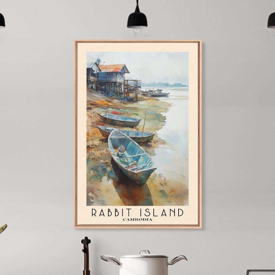 Rabbit Island Cambodia Beached Fishing Boats Stilt Houses Village Watercolor Poster - Image 6