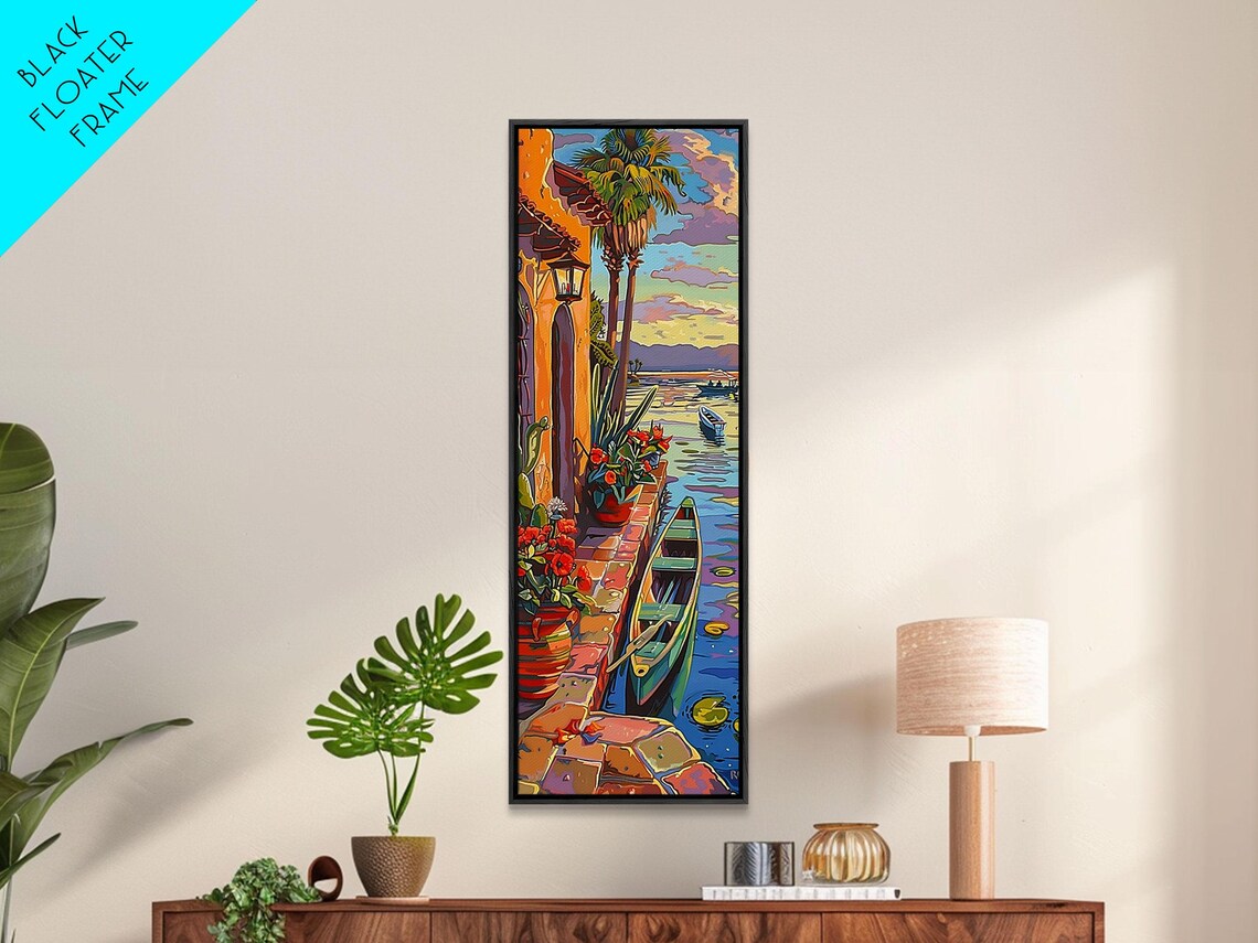 Tropical Waterfront Sunset Moored Canoe Palm Trees Golden Sky Travel Poster - Image 4