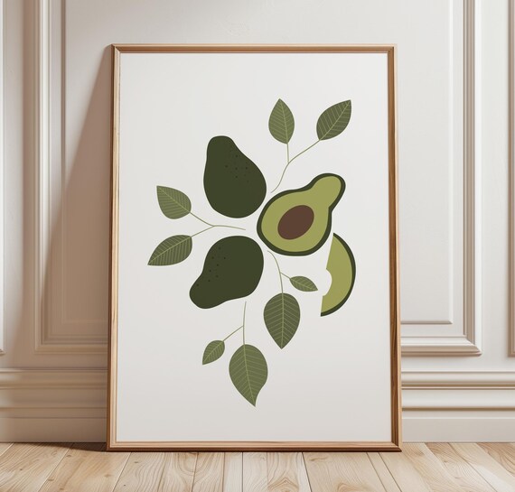 Handdrawn Avocado Botanical Minimalist Green Kitchen Decor Poster