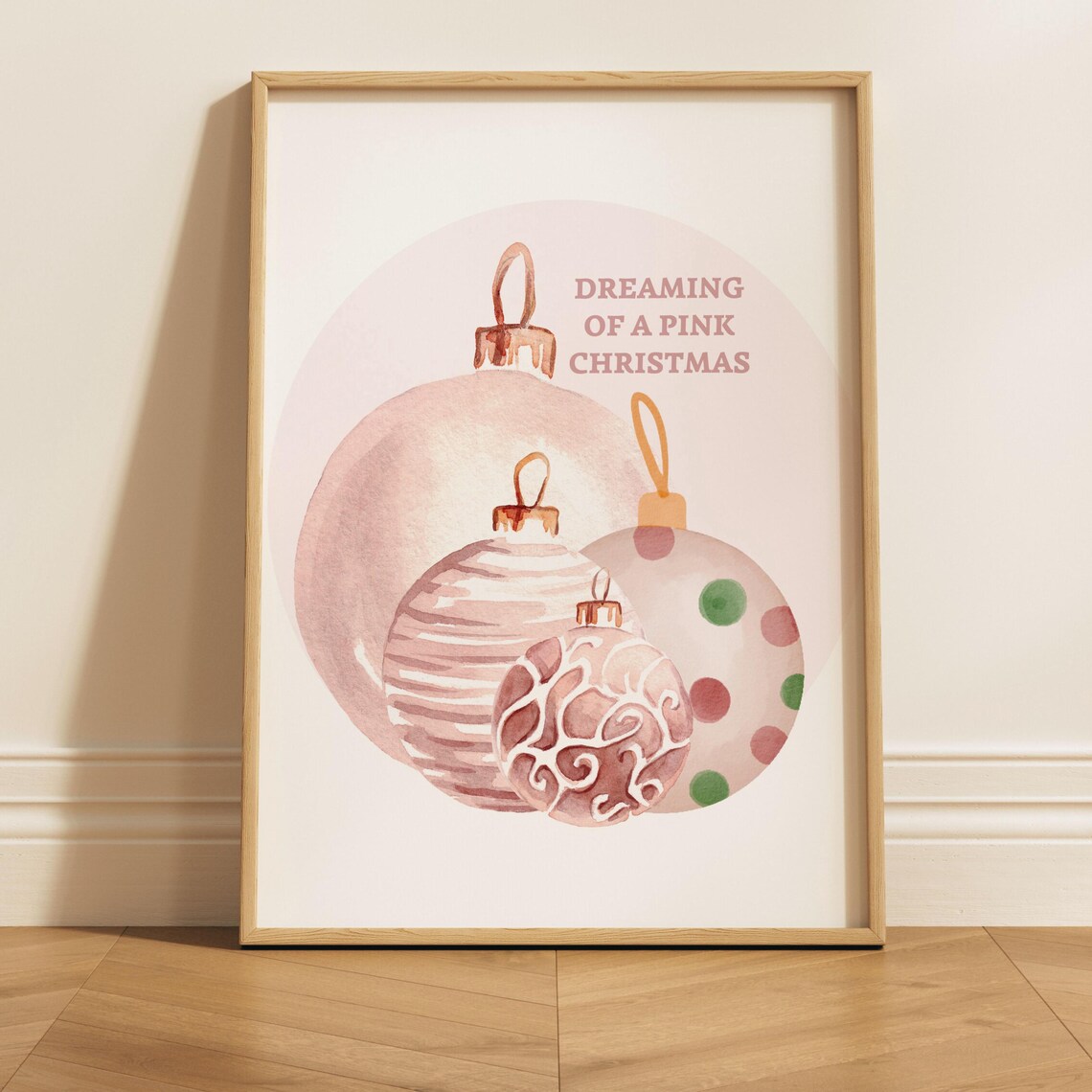 Pink Christmas Ornament Design, Watercolor Baubles