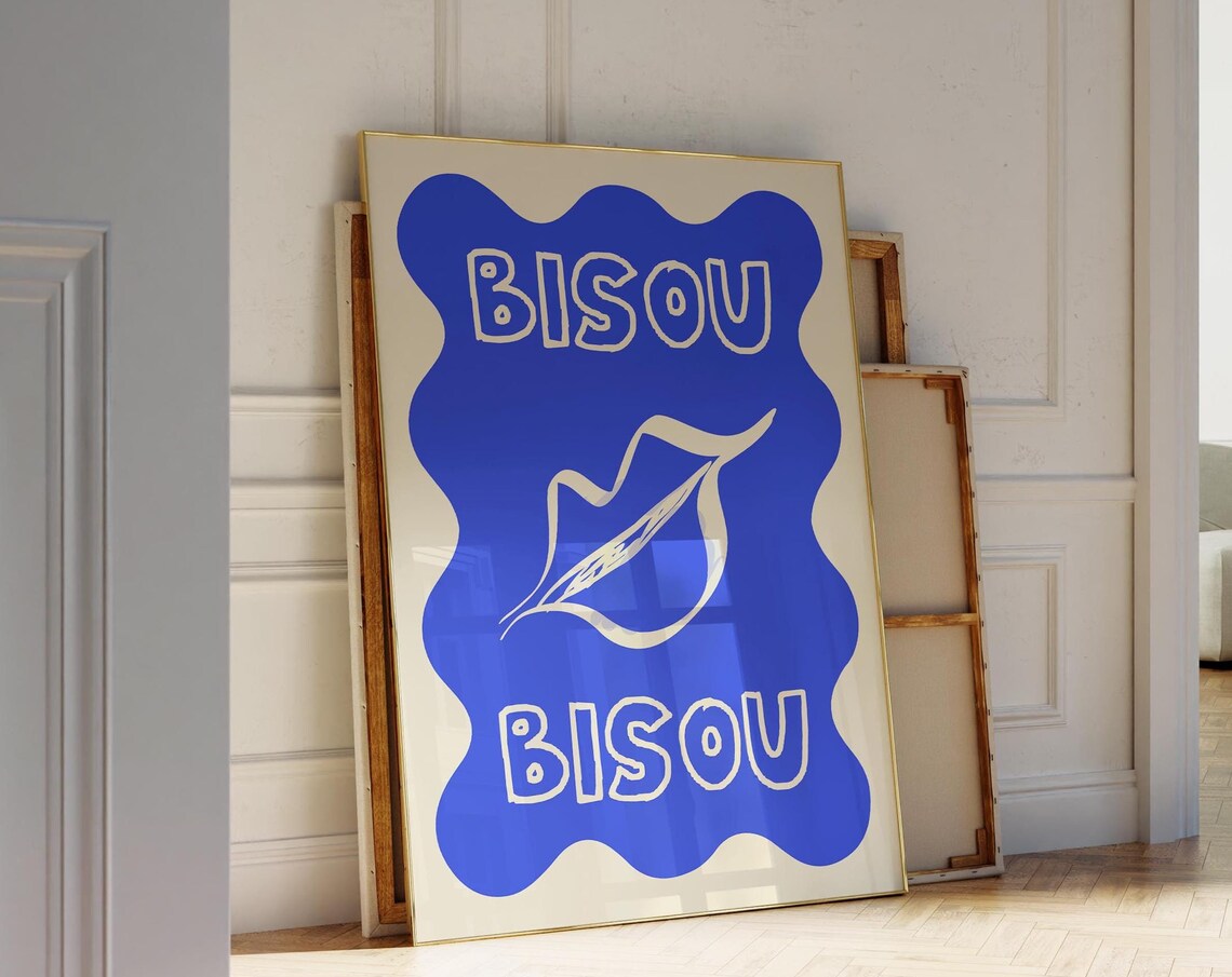 Cute Bisou French Kiss Lip Blue Wavy Border Retro Quote Print