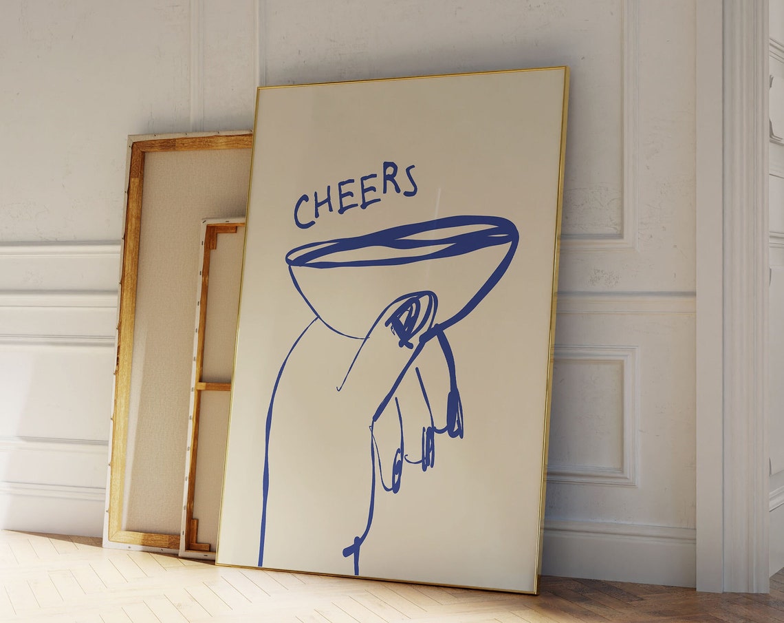 Cheers Cocktail Glass Hand Blue Bar Cart Drink Kitchen Decor Poster
