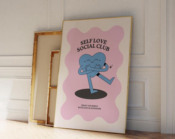 Self Love Club Print Trendy Wall Art Cute Quote Print Retro Poster Positive Wall Art Typography Poster Trendy Home Decor Wall Art