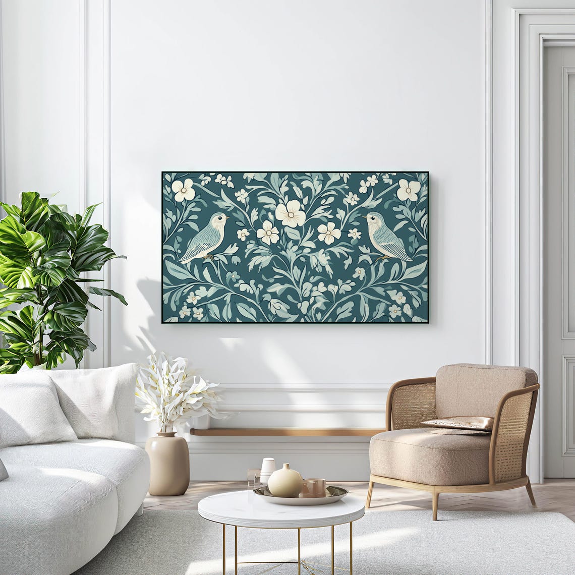 Blue Floral Bird Pattern Vintage Wallpaper Cottagecore Poster - Image 2
