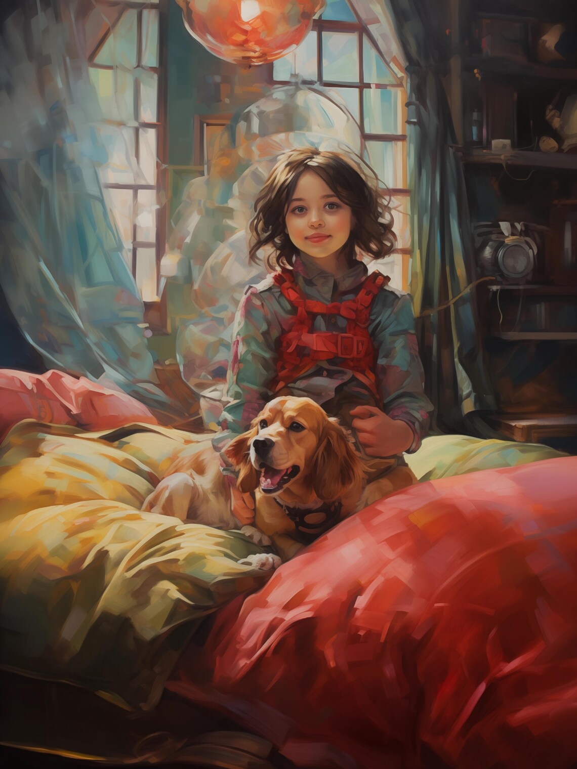 Little Girl and Golden Dog Cuddling Together on a Sunlit Bed Poster