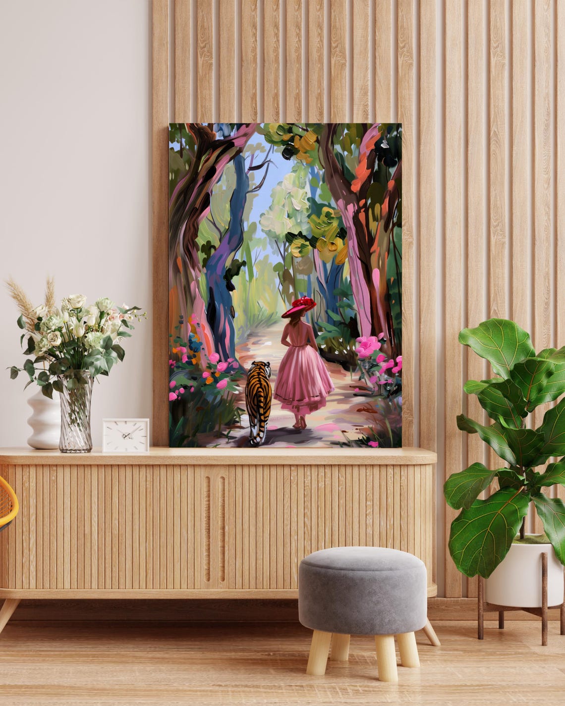Woman in a Pink Dress Walking With a Tiger in a Forest Poster - Image 3