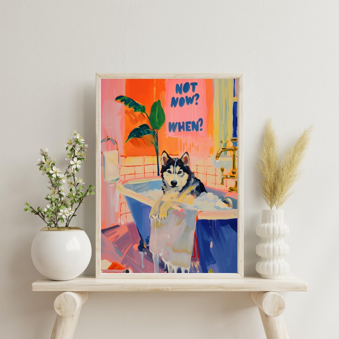 Siberian Husky Bathroom Art, Maximalist Dog Print