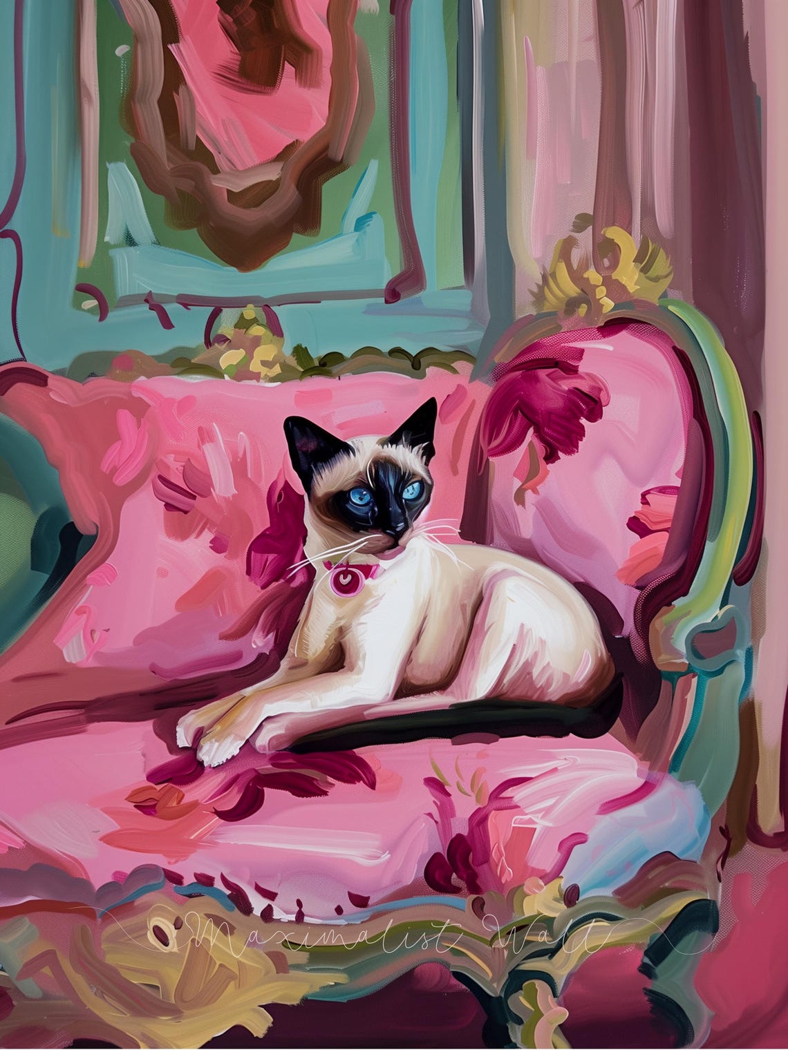 Elegant Siamese Cat With a Pink Collar on a Pink Sofa Art Poster