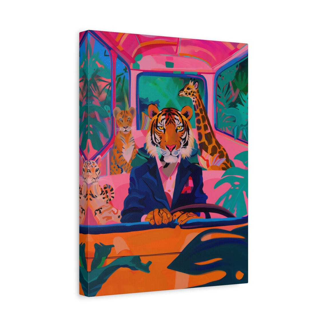 Dapper Tiger Driving a Car with Giraffe and Jungle Friends Poster - Image 3