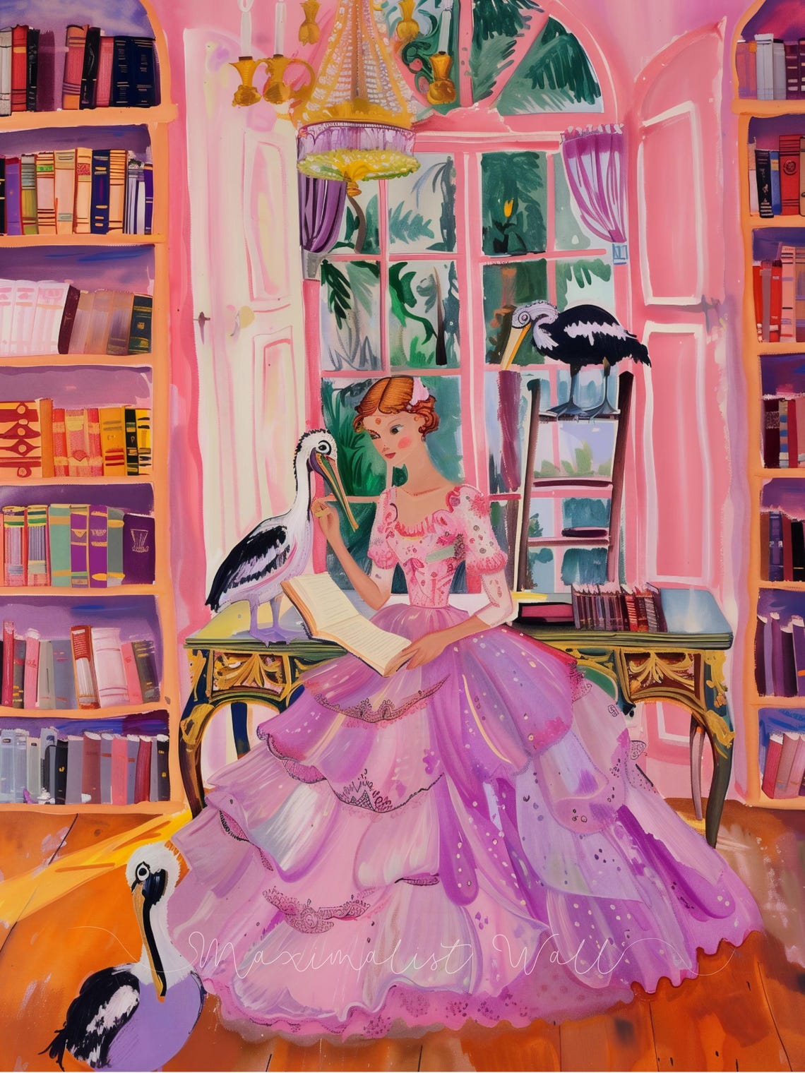 Lady Reading With Three Pelicans in a Grand Pink Library Art Print