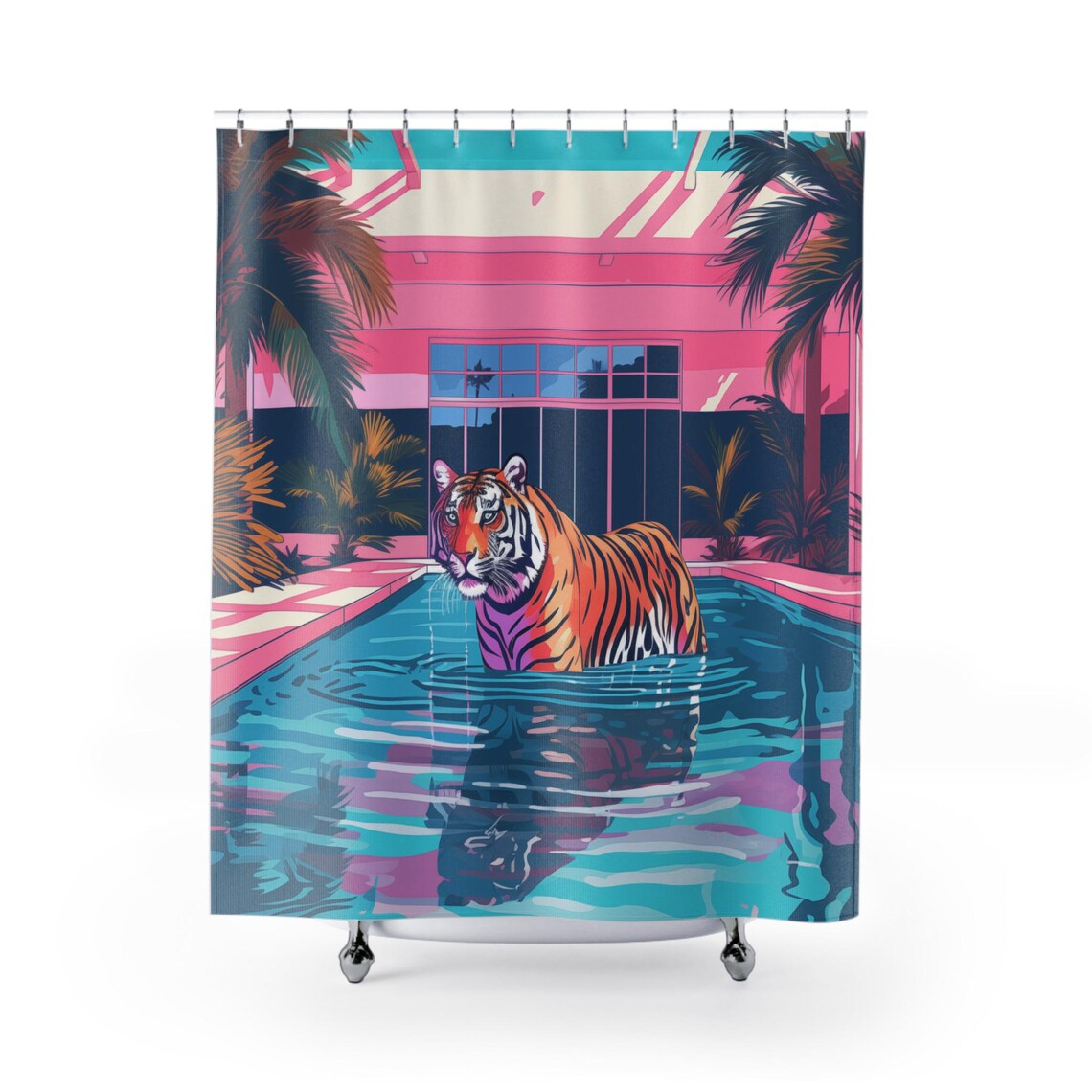 Tiger Wading In Pink Art Deco Hotel Pool Retro Bathroom Wall Art - Image 3